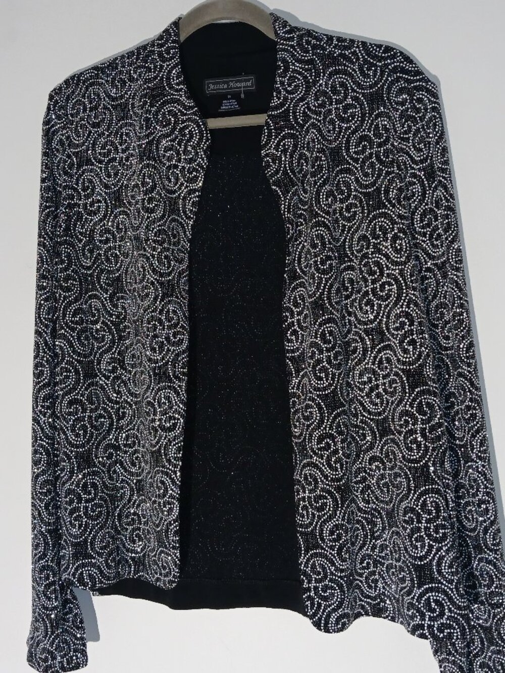 Jessica Howard Black White & Crystal Cocktail Beaded Jacket Size 14